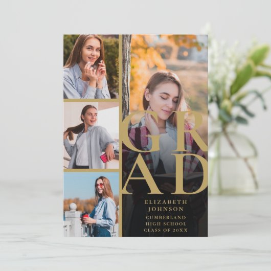 Black and Gold 5 Foto Afstuderen Aankondiging (Staand voorkant)