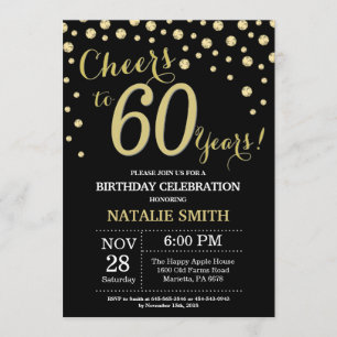 Black and Gold 60th Birthday Diamond Invitation Kaart