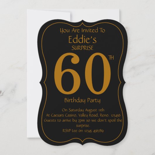 Black and Gold 60th Birthday Party Invitation Kaart (Voorkant)