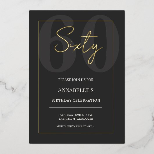 Black and Gold 60th Milestone Birthday Celebration Folie Uitnodiging (Voorkant)