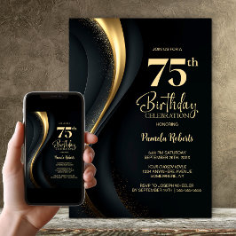 Black and Gold 75th Birthday Party Kaart