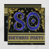 Black and Gold 80th Birthday party Kaart (Voorkant / Achterkant)