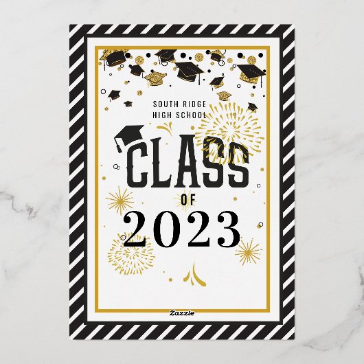 Black and Gold Afstuderen Celebrparty Folie Uitnodiging (Achterkant)