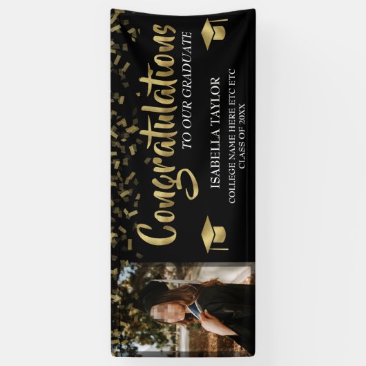 Black and Gold Afstuderen Gefeliciteerd Foto Spandoek (Verticaal)