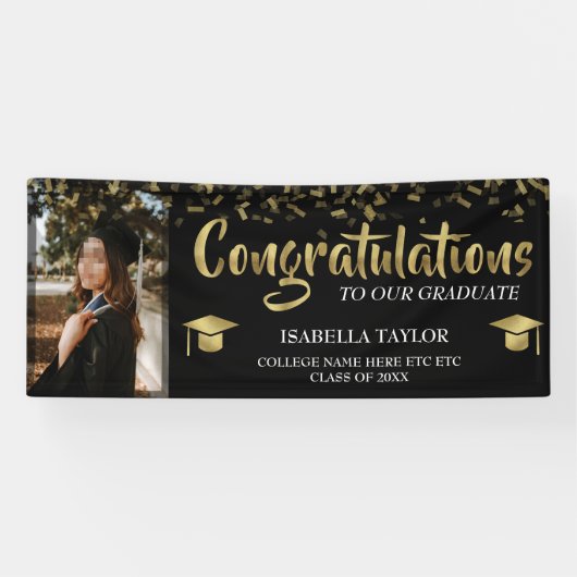 Black and Gold Afstuderen Gefeliciteerd Foto Spandoek (Horizontaal)