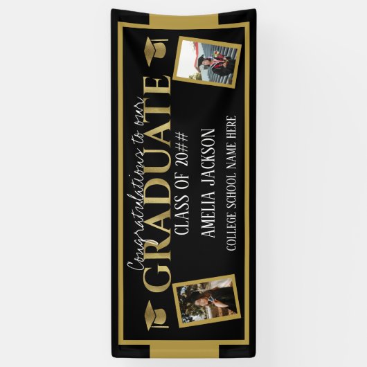 Black and Gold Afstuderen Gefeliciteerd Foto Spandoek (Verticaal)