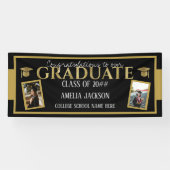 Black and Gold Afstuderen Gefeliciteerd Foto Spandoek (Horizontaal)