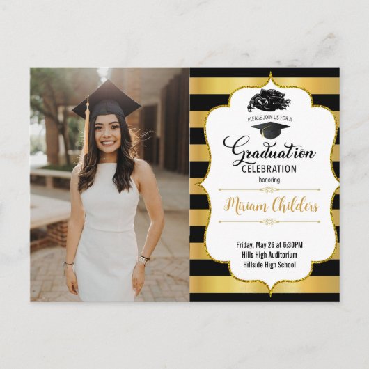 Black and Gold Afstuderen Invitation met foto Uitnodiging Briefkaart (Voorkant)