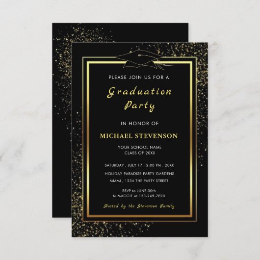 Black and Gold Afstuderen Invitation voorbeeld (Voorkant / Achterkant)