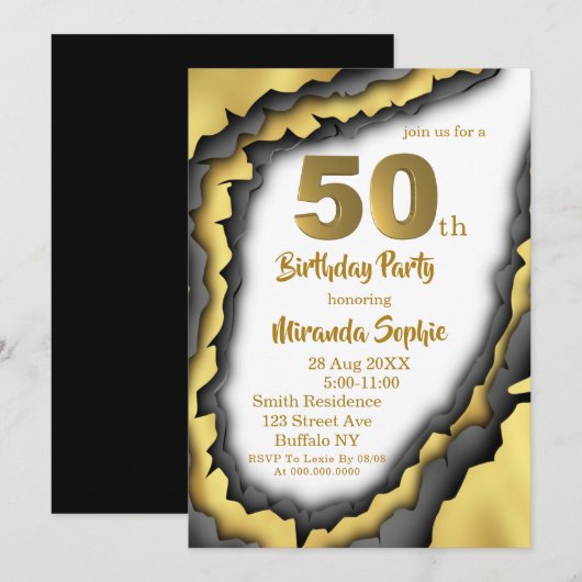 Black and Gold Agate 50th Birthday Invitations (Voorkant / Achterkant)