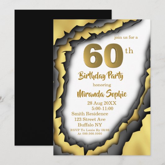 Black and Gold Agate 60th Birthday Invitations (Voorkant / Achterkant)