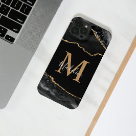 Black and Gold Agate Geode Monogram iPhone 14 Hoesje