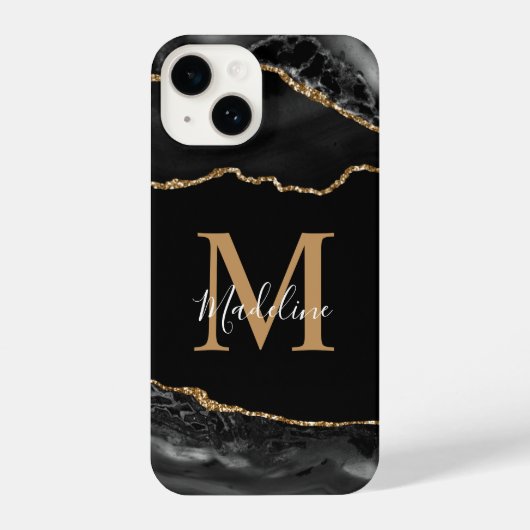 Black and Gold Agate Geode Monogram iPhone iPhone Hoesje (Achterkant)