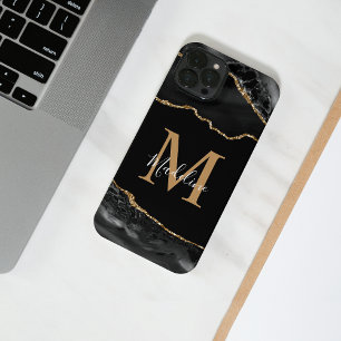 Black and Gold Agate Geode Monogram iPhone iPhone 14 Hoesje