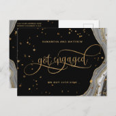 Black and Gold Agate, got Engaged, Verloving Aankondigingskaart (Voorkant / Achterkant)