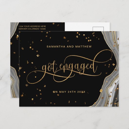 Black and Gold Agate, got Engaged, Verloving Aankondigingskaart (Voorkant / Achterkant)