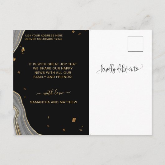 Black and Gold Agate, got Engaged, Verloving Aankondigingskaart (Achterkant)
