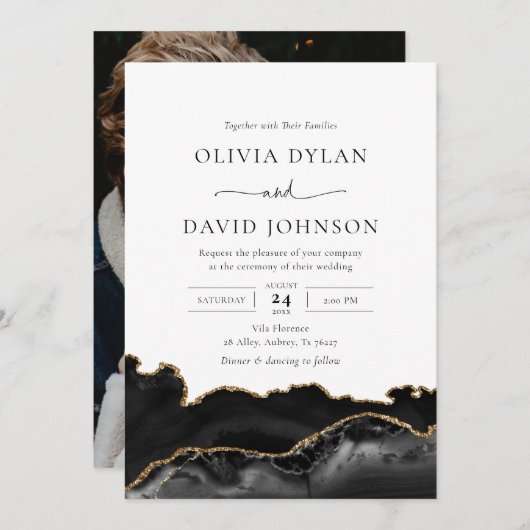 Black and Gold Agate Photo Wedding Kaart (Voorkant / Achterkant)