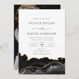 Black and Gold Agate Photo Wedding Kaart