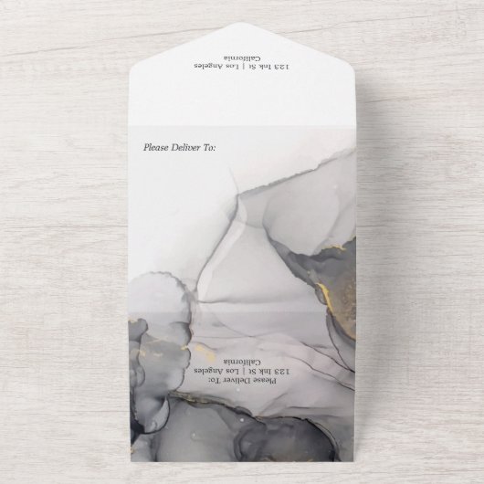 Black and Gold Alcohol Ink Wedding All In One Uitnodiging (Buitenkant)