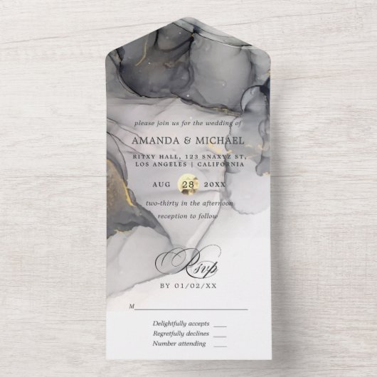 Black and Gold Alcohol Ink Wedding All In One Uitnodiging (Binnen)