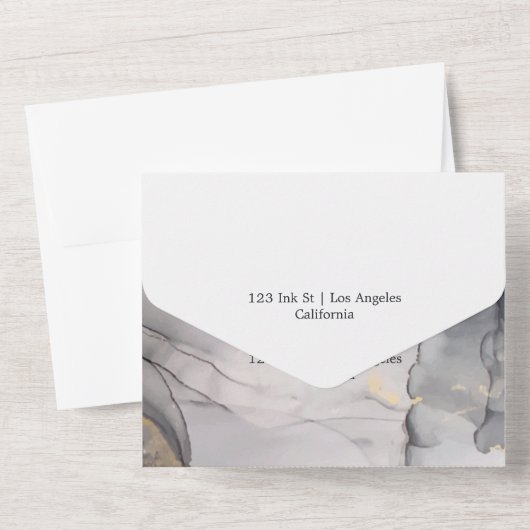 Black and Gold Alcohol Ink Wedding All In One Uitnodiging (Achterkant)