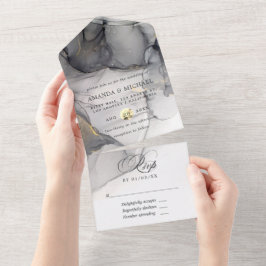 Black and Gold Alcohol Ink Wedding All In One Uitnodiging