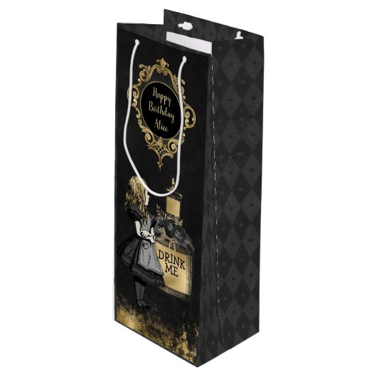 Black and Gold Alice drink me Wijn Cadeautas (Voorkant Gekanteld)