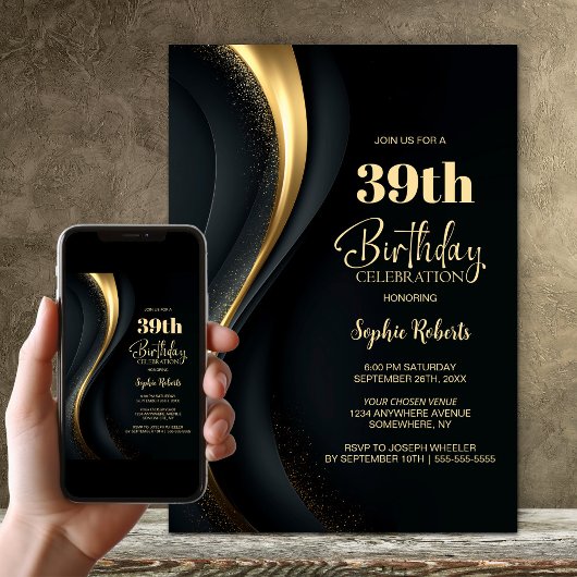 Black and Gold Any Age Birthday Party Kaart