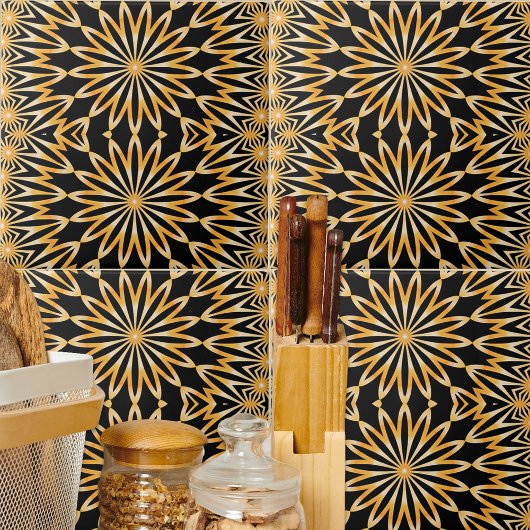 Black and Gold Arabesque Kaleidoscope Mosaic Tegeltje