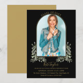 Black and Gold Arch Foliage Photo Graduage Party Kaart (Voorkant / Achterkant)