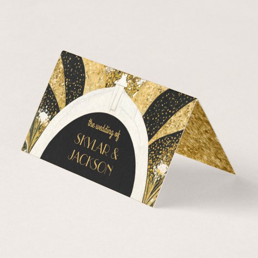 Black and Gold Art Deco Archway Wedding Place Card Kaart (Achterkant)