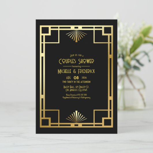 Black and Gold Art Deco Couples Shower Photo Kaart (Staand voorkant)