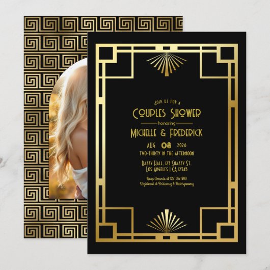 Black and Gold Art Deco Couples Shower Photo Kaart (Voorkant / Achterkant)