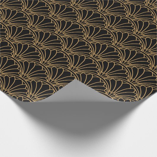 Black and Gold Art Deco Fan Flowers Motif Cadeaupapier (Hoek)