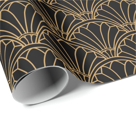 Black and Gold Art Deco Fan Flowers Motif Cadeaupapier (Rol Hoek)