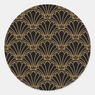 Black and Gold Art Deco Fan Flowers Motif Ronde Sticker