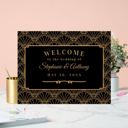 Black and Gold Art Deco Fan Flowers Wedding Acryl Bord (Huwelijk)