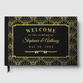 Black and Gold Art Deco Fan Flowers Wedding Gastenboek (Voorkant)