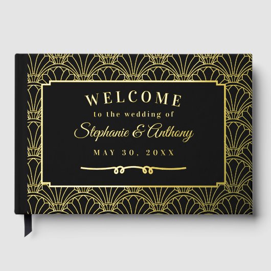 Black and Gold Art Deco Fan Flowers Wedding Gastenboek (Voorkant)