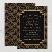 Black and Gold Art Deco Fan Flowers Wedding Kaart (Voorkant / Achterkant)
