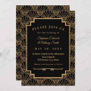 Black and Gold Art Deco Fan Flowers Wedding Kaart