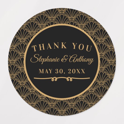 Black and Gold Art Deco Fan Flowers Wedding Labels (Design 1)