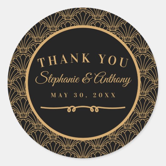 Black and Gold Art Deco Fan Flowers Wedding Ronde Sticker (Voorkant)