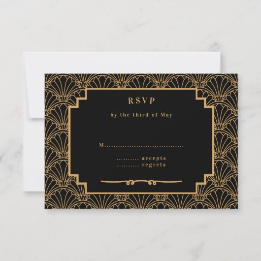 Black and Gold Art Deco Fan Flowers Wedding RSVP Kaartje (Voorkant)