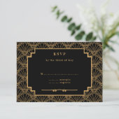 Black and Gold Art Deco Fan Flowers Wedding RSVP Kaartje (Staand voorkant)