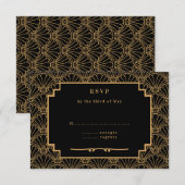 Black and Gold Art Deco Fan Flowers Wedding RSVP Kaartje (Voorkant / Achterkant)