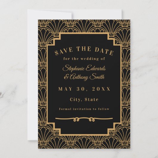 Black and Gold Art Deco Fan Flowers Wedding Save The Date (Voorkant)