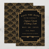 Black and Gold Art Deco Fan Flowers Wedding Save The Date (Voorkant / Achterkant)