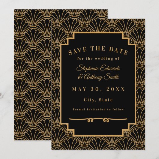 Black and Gold Art Deco Fan Flowers Wedding Save The Date (Voorkant / Achterkant)